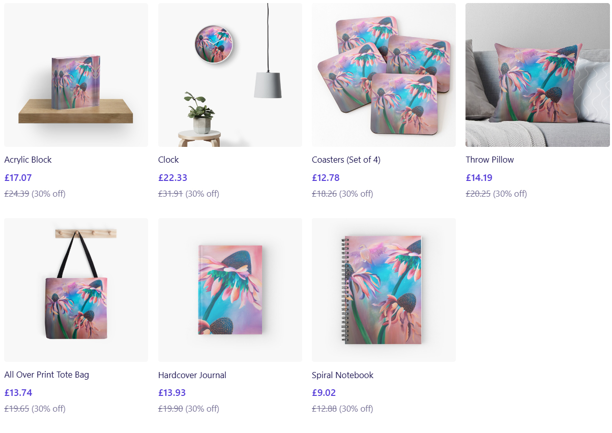 Echinaceas on clocks, notebooks and bags available from redbubble